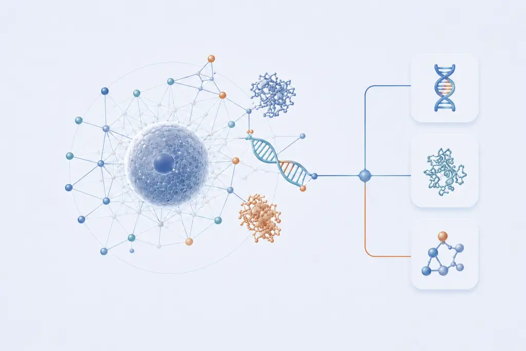 Scientific illustration of DNA, molecular biology, and biomedical data connections